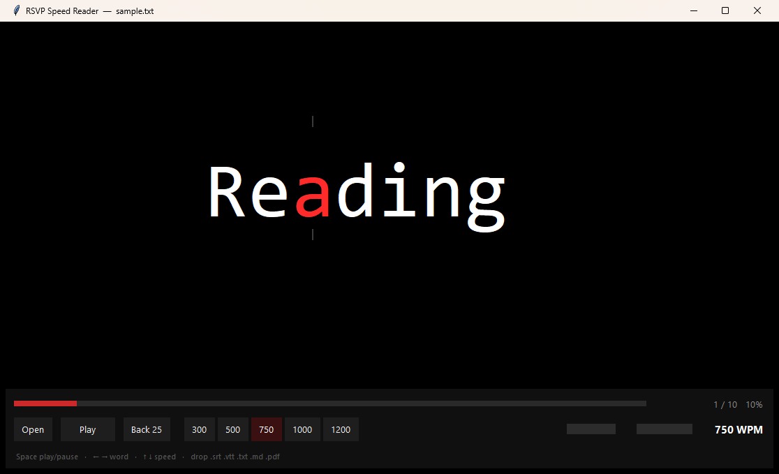 The speed reader, paused on the word Reading, with the letter a in red.